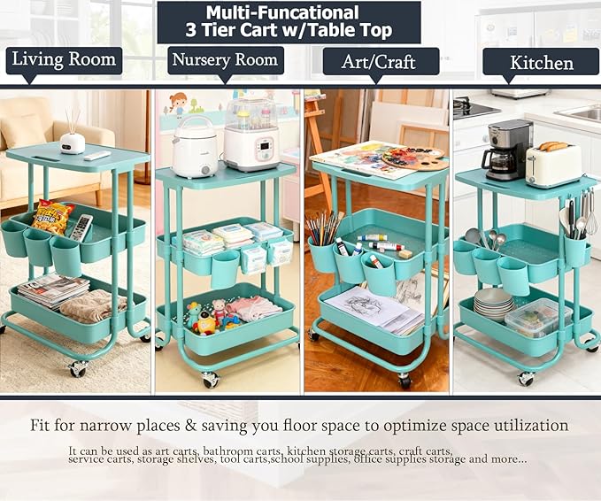 3 Tier Rolling Cart with Table Top Small Storage Utility Cart on Wheels School Offices Supplies Mobile Cart with 3 Organizer Cups, Metal Frame w/Plasitc Trays(Teal)