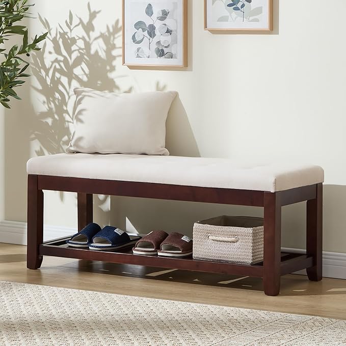 Shoe Bench Entryway, 44" End of Bed Bench,Upholstered Linen Bench for Living Room,Fabric Ottoman Bench with Solid Wood Shelf for Bedroom, Entrance Beige