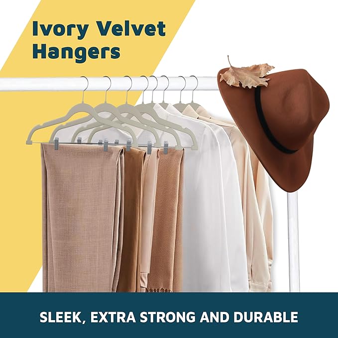 Lifemaster Velvet Skirt Hangers – with Adjustable Clips, 360 Degree Swivel Hook, and Non-Slip Shoulder Notch, Holds Up to 10 lbs, for Organizing Skirt, Pants, Dress, and Clothes, Pack of 10, Ivory