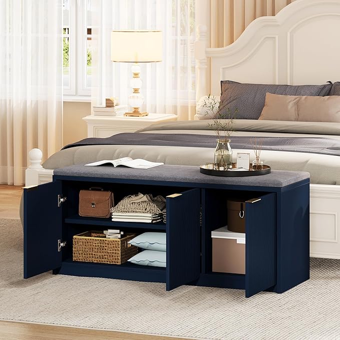 2-Tier Shoe Storage Bench with 3 Doors & Adjustable Shelf, Removable Washable Padded Seat Cushion, 41.3" Entryway Storage Cabinet for Living Room, Bedroom – Navy Blue Modern Design