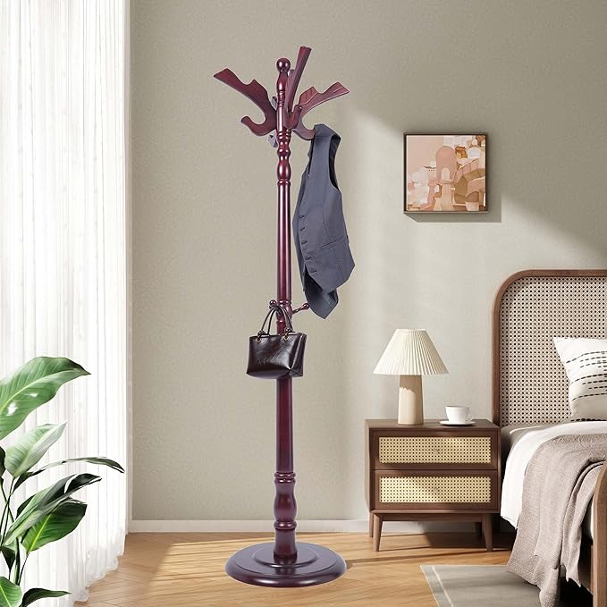 Wooden Coat Rack Freestanding, Creative Brid Hooks, Coat Hanger Stand 11 Hooks, Coat Tree Adjustable Height 73", Round Base, Coat Racks free standing for Entryway Hallway, Porch, Bedroom