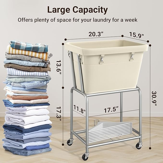 ELYKEN Rolling Laundry Hamper with Wheels, Laundry Cart with Removable Bag, Heavy Duty Metal Frame, 2-Tier Clothes Basket Hamper with Shelf for Closet, Bedroom, Bathroom, Laundry Room, Cream