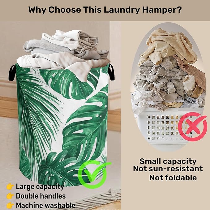 Tropical Leaves Laundry Basket with Handles - Extra Large Foldable Hamper for Bathroom/Laundry/Bedroom/Dorm, Washable Fabric Storage Bin