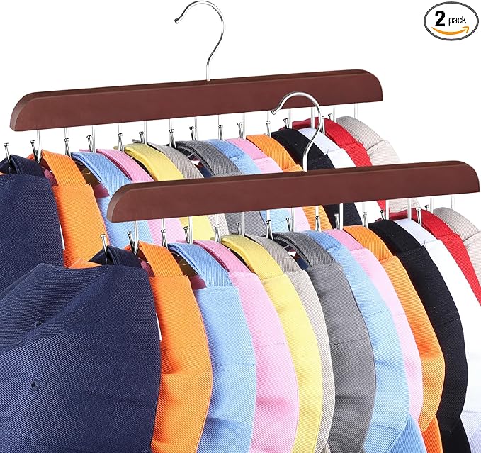 Hat Hangers for Closet, 2 Pack Hat Organizer for Baseball Caps with 14 Hooks Space Saving Hat Racks Ball Caps Hat Holder Organizer Tie Belt Hanger for Closet Storage Solution (Brown)