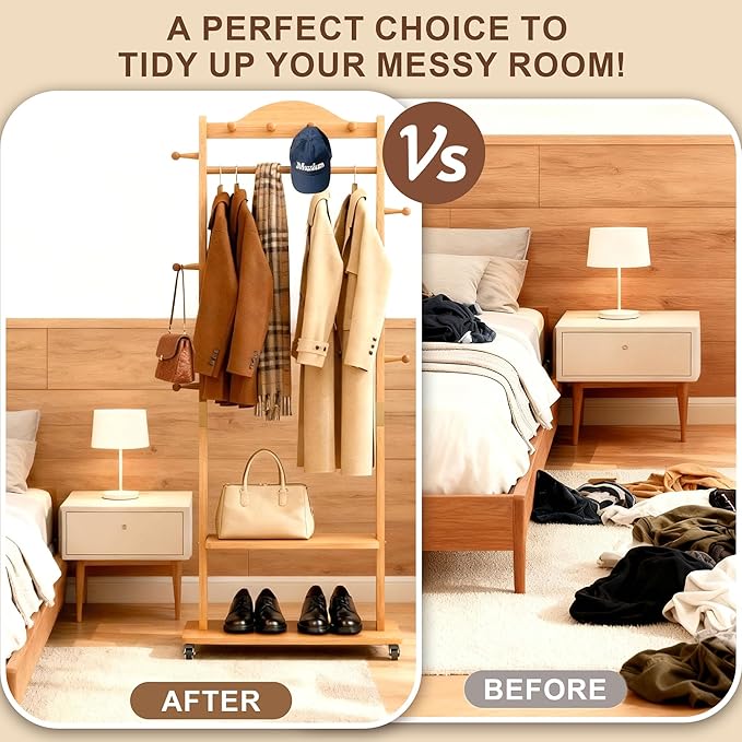 Coat Rack Freestanding Clothing Rack with Wheels - Heavy Duty Clothes Rack with 2 Shelves, Wooden Coat Hanger Stand with 4 Top Hooks & 5 Side Hooks for Entryway Hallway Living Room Office