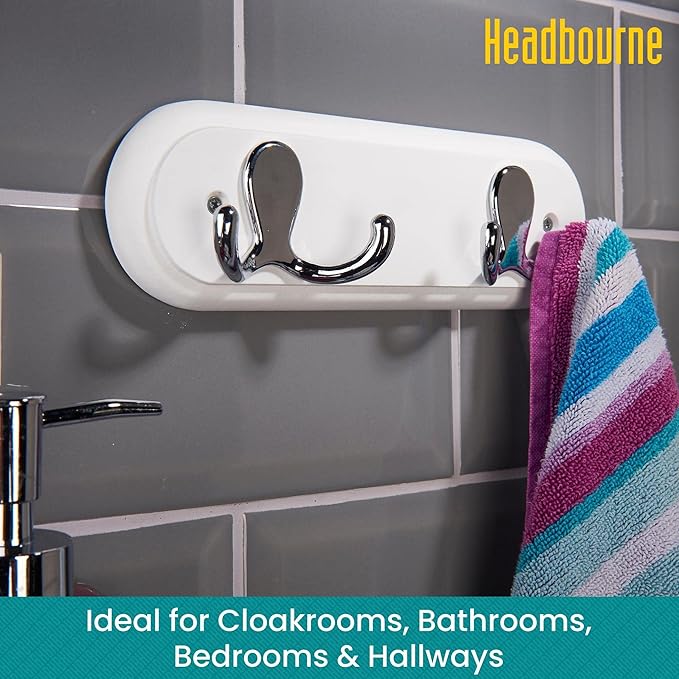 Compact Door Wall Mounted Robe Coat Rack with 2 Double Hooks, Fixings Included, 22cm, Polished Chrome on White