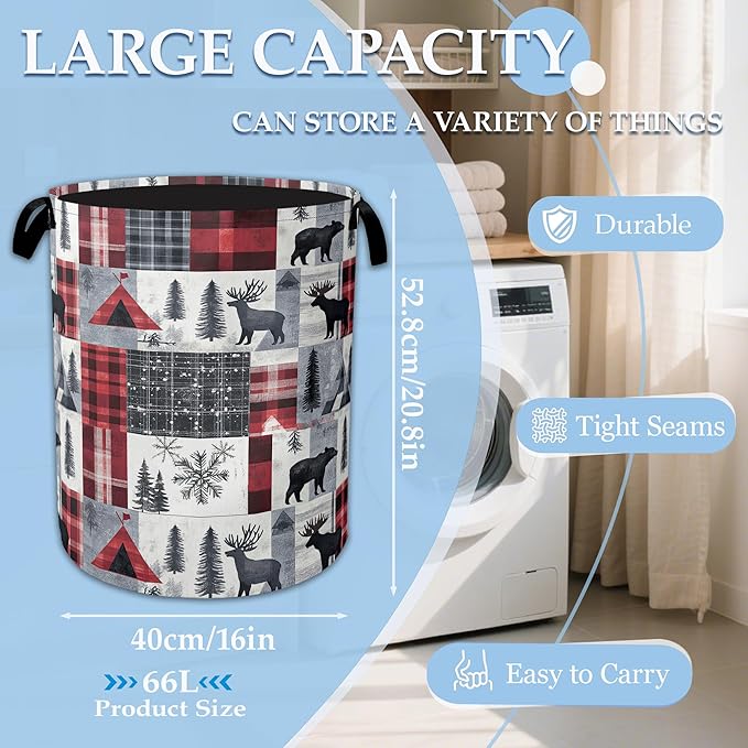 Vintage Forest Bear Laundry Hamper Animal Deers Laundry Basket Collapsible Portable Clothes Toy Storage Bin for Bathroom Bedroom Room Decor 16 X 20.8 Inch
