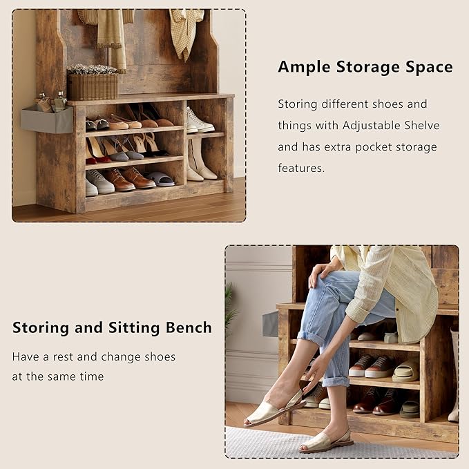 Aiho Entryway Hall Tree with Bench and Storage, 3-in-1 Hall Tree with Coat Rack, Adjustable Shoe Bench, 2-Tier top Storage, for Hallway, Entryway, Bedroom, Rustic Brown