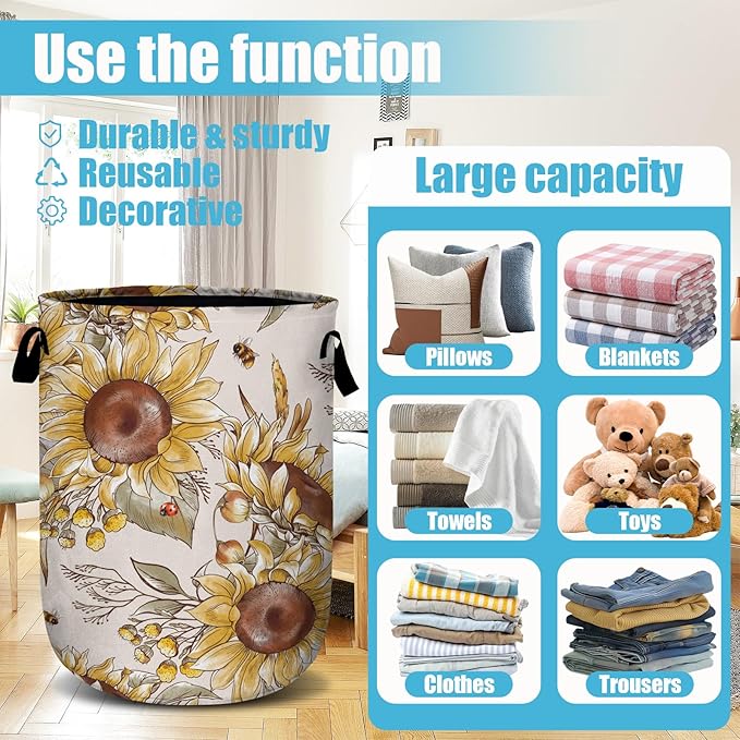 Fall Sunflowers Laundry Basket, Ladybird Honeybee Laundry Hamper Collapsible Oxford Cloth with Handle Clothes Toy Storage Bin for Bathroom Laundry Room Bedroom 15.7 X 20 Inch