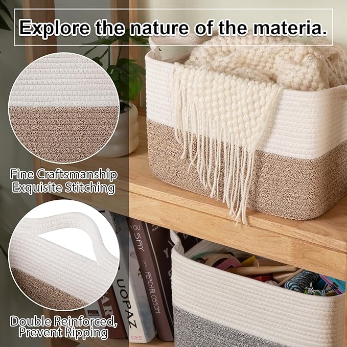 OIAHOMY Woven Storage Basket for Shelves, Rectangle Cotton Rope Baskets for Organizing, 16 x 12 x 10 in, Storage Bins for Dog Toys,Towel,Books,Gift,Brown and White