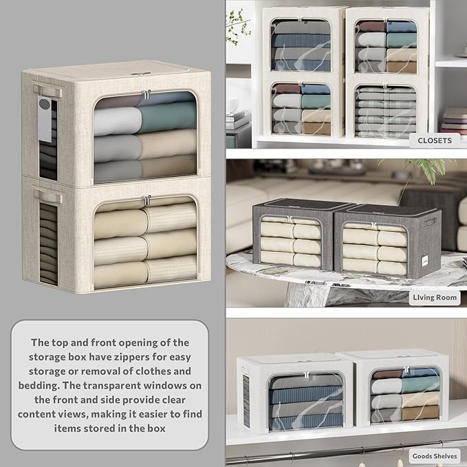 4 Pack Clothes Storage Bins with Metal Frame - 100L Stackable Storage Box with Lid，Foldable Storage Container Organizer for Clothes，Linen Fabric Storage Box with Clear Window＆Zippers＆Handles