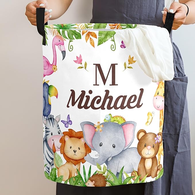 Large Custom Name Laundry Hamper, Woodland Personalized Dirty Clothes Hamper Storage Basket with Name for Bathroom Bedrooms, Customized Name Circular Hamper with Handles for Baby Boys Girls Men Women