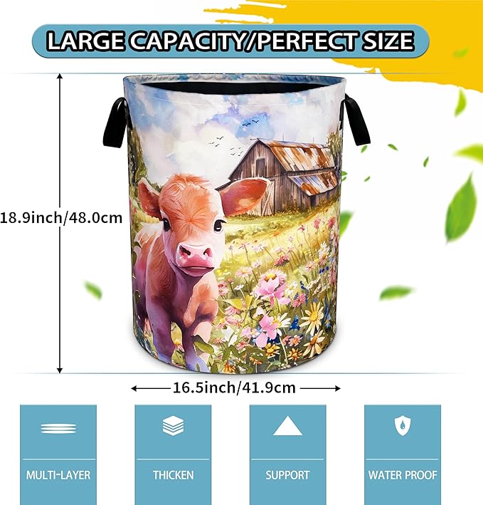Cute Highland Cow Laundry Basket Farm Flowers Foldable Oxford Cloth Funny Tote Bag Laundry Hamper Clothes Storage Bucket Toy Organizer For Bathroom/Laundry Storage/Bedroom 18.9x16.5 Inch