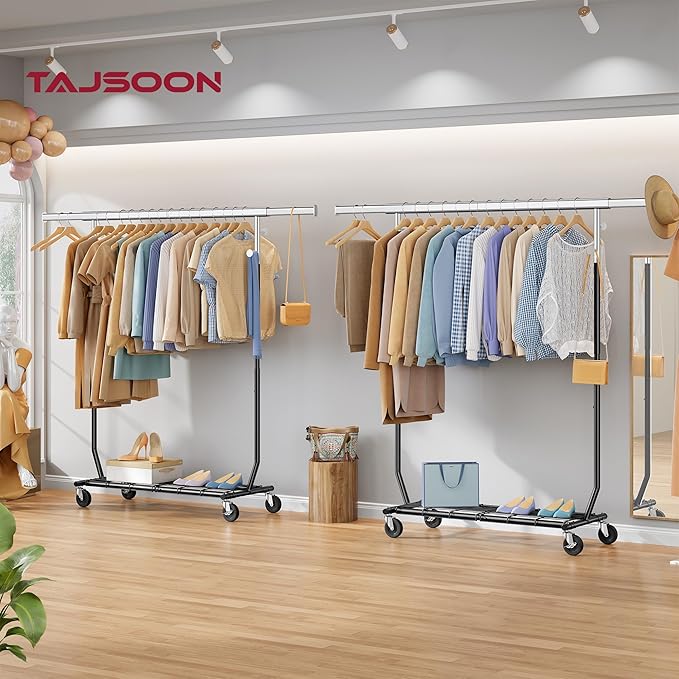 Tajsoon Clothes Rack Heavy Duty Load 350 LBS, 73.8' Extendable & Adjustable Foldable Clothing Rack for Hanging Clothes, Garment Rack with Lockable Wheels for Bedroom, Laundry Room, Black