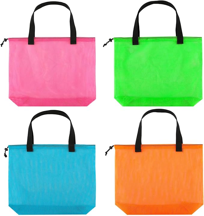Reusable 4Pack Colorful Mesh Beach Tote Bags,Mesh Shopping Bag With Drawstring For Travel,Toys,Gift Or Laundry … …
