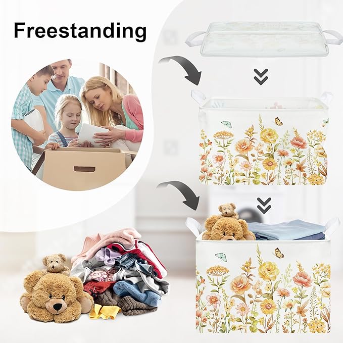 Colourful Flowers Laundry Hamper Large Storage Basket Floral Collapsible Adult Organizer Kids Toy Clothes Bins for Bedroom, Bathroom, Boho Plants, 36L