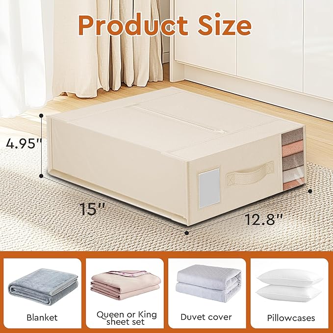 4 Pack Bed Sheet Closet Organizers and Storage,Sturdy Foldable Storage Containers with Window and Label,Storage and Organization for Bedding Sheets,Duvet Covers,Blankets (Beige)