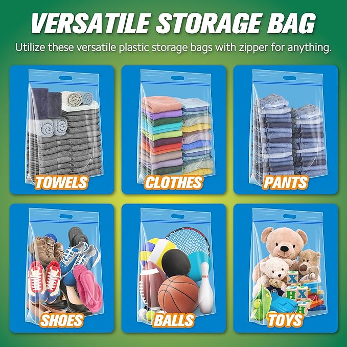 HIBAG 10 Gallon Large Storage Bags, 18” x 20” Resealable Clear Bags with Handle, Extra Large XL Heavy Duty for Clothes Pillow Travel Moving, Pack of 20