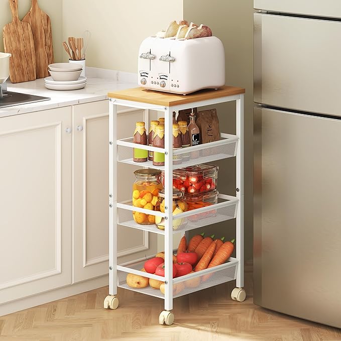 Hoctieon Rolling Storage Cart, 4-Tier 11.8" Wide Rolling Kitchen Storage Cart, Utility Cart with Handle & Wheels, Mobile Shelving Unit, Metal Frame Narrow Cart for Home Kitchen, Laundry, Oak Beige