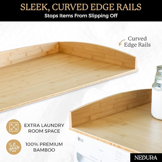 Nedura Washer Dryer Countertop for Washing Machine w/Anti-Vibration Pads&Curved Edge Rails, Bamboo Laundry Countertop, Washer Dryer Topper, Laundry Room Organization, Laundry Room Accessories-Natural
