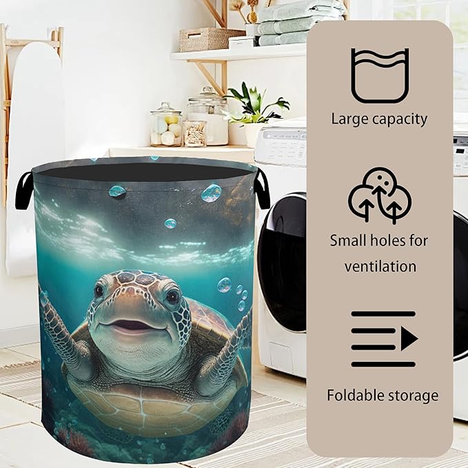 Cute Sea Turtle Foldable Canvas Laundry Basket with Handles - Toy Organizer, Heavy Duty for Home，Bedroom, Dorm, Bathroom