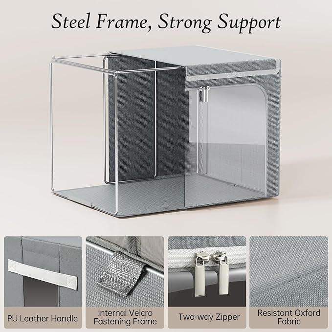 Yecaye Clothes Storage Bins with Metal Frame, Foldable Clothing Storage Bin with Lid, Stackable Oxford Fabric Organizer Box With Clear Window & Zippers & PU Leather Handles (6 Pack,Grey,40L)