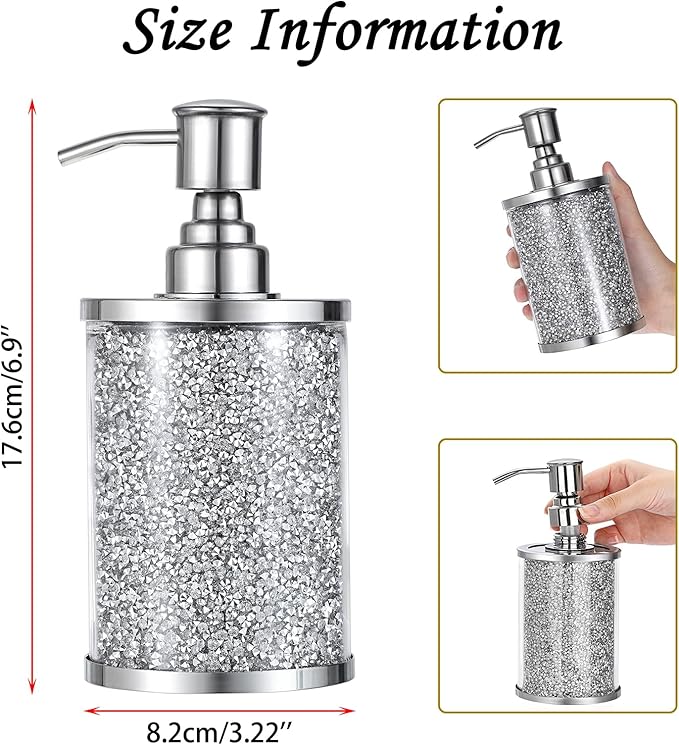 Sumnacon Soap Dispenser Bathroom Sparkling Hand Dispenser with Stainless Pump,Silver Crushed Diamond Dish Soap Dispenser for Kitchen Decorative Soap Dispensers for Kichen Sink Bathroom Countertop