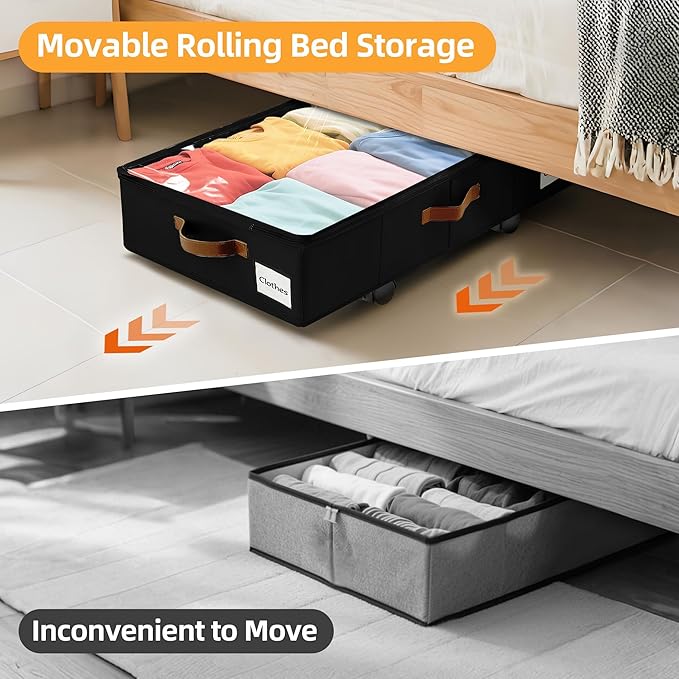 4 Pack Under Bed Storage–30.5×17×5.5" Under the Bed Storage with Wheels Sturdy Sidewalls/Bottom, Clear Cover, Label and PU Handle, Rolling Underbed Drawers for Clothes, Shoes, Toys, Blankets,Black