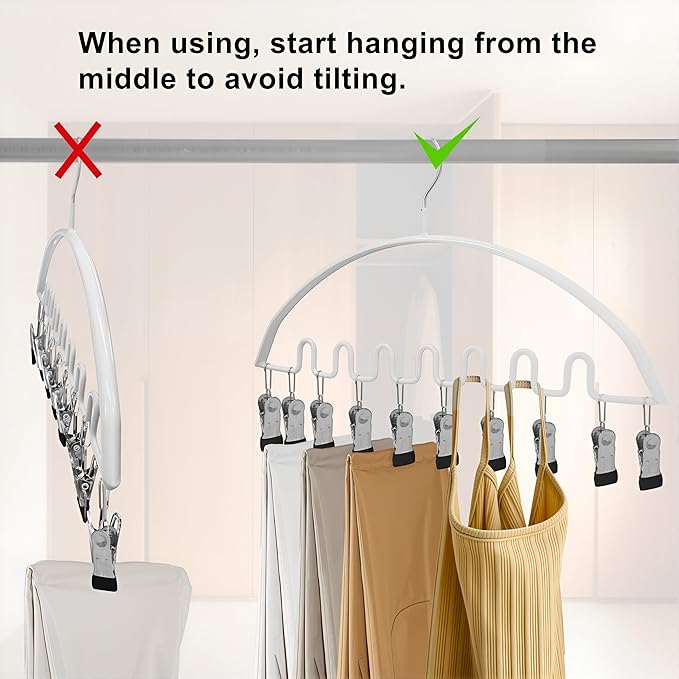 Legging Organizer for Closet,Metal Wave Design Pants Hanger with 10 Clips 7 Hooks, Closet Storage for Pants, Skirts, Hats (White, 2Pack)