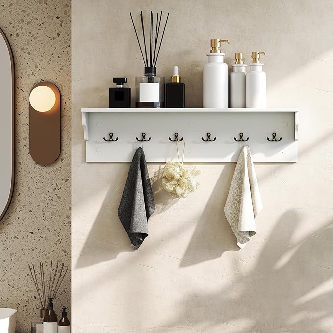 Giantex Coat Rack Wall Mount, 31.5" Wooden Coat Hooks with Shelf, Wall Clothes Rack w/ 6 Dual Hooks for Hats Towels Purses Robes, Floating Display Shelf for Living Room Bedroom Entryway, White