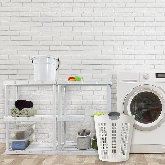 Gracious Living Laundry Basket, Easy Carry Flex Collapsible Hamper, 87.5 Liters, White - Large Plastic Clothes Storage Organizer for Home, Bathroom, and Bedroom