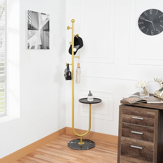 Coat Rack Freestanding with Table & 6 Hooks, Corner Coat Tree, Heavy-duty Marble Base Coat Rack Stand for Bedroom Living Room Office Entryway 13.78 x 13.78 x 68.11 Inches (Gold)