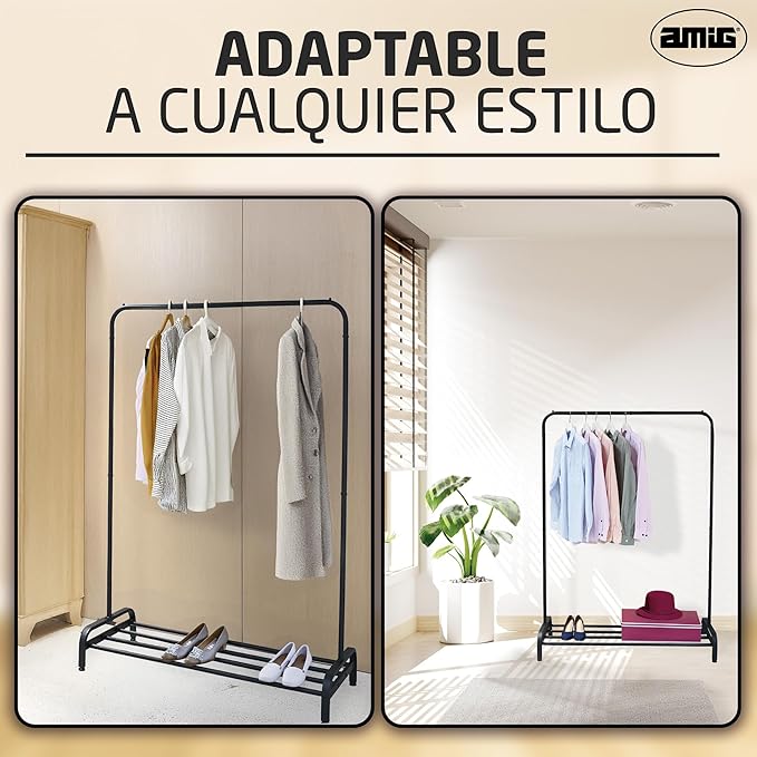 Amig - Ïken Clothes Rail | Organiser with Hanging Rail and Lower Shelf | 110x45x155 cm | Matte Black Metal | Ideal for Bedroom, Hallway, or Entryway