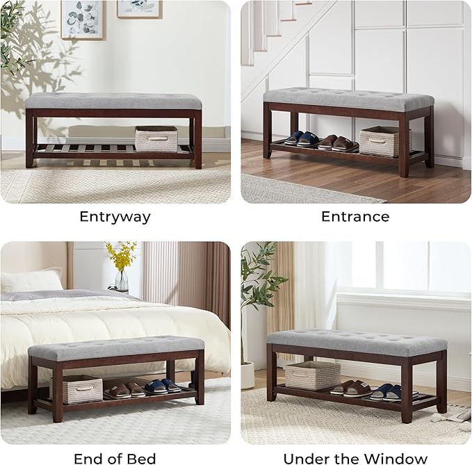 Shoe Bench Entryway, 44" End of Bed Bench,Upholstered Linen Bench for Living Room,Fabric Ottoman Bench with Solid Wood Shelf for Bedroom, Entrance Lightgrey