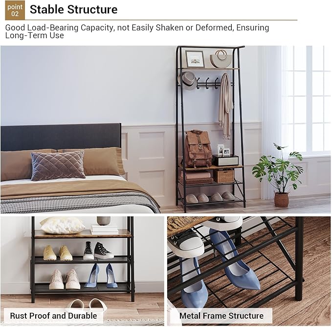 Coat Rack Shoe Bench with Single-Row 5 Hooks 60cm Width, 3-Tier Shelf Entryway Hall Tree with Storage, Metal Frame Multifunctional Organizer, 4-in-1 Coat Rack for Bathroom, Hallway.Grey.