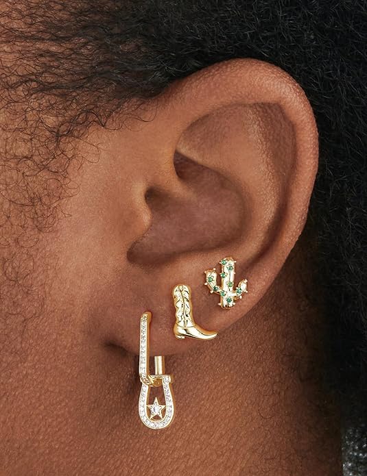Mameloly Cowgirl Earrings for Women CZ 14K Gold Plated Western Cowboy Hat Dangle Hoop Earrings Cute Jewelry Hypoallergenic