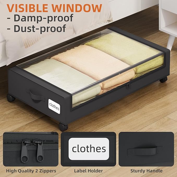Somdot Under Bed Storage with Wheels, 2 Pack Bed Storage Containers with Dividers & Clear Lids,Easy Pull-out Metal Drawer for Clothes, Shoes,Toys, Blankets (Black)