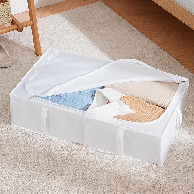 TYEERS Under Bed Storage Containers, Durable Fabric, Washable, Collapsible, Under Bed Storage Bins for Clothes, Blankets, Sheets, Shoes, 27.5x16.5x7 Inches, 2-Pack, White