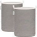 Sea Team 2-Pack 19.7 Inches Large Sized Waterproof Coating Ramie Cotton Fabric Folding Laundry Hamper Bucket Cylindric Burlap Canvas Storage Basket (19.7", Black & White Stripe)