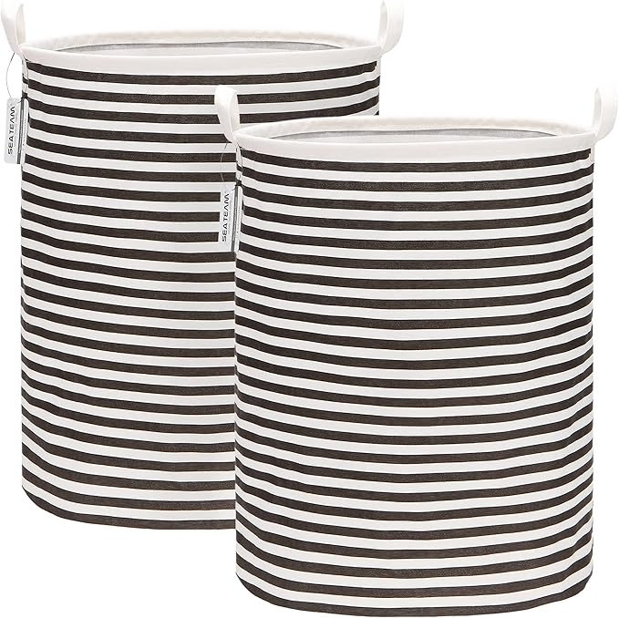 Sea Team 2-Pack 19.7 Inches Large Sized Waterproof Coating Ramie Cotton Fabric Folding Laundry Hamper Bucket Cylindric Burlap Canvas Storage Basket (19.7", Black & White Stripe)
