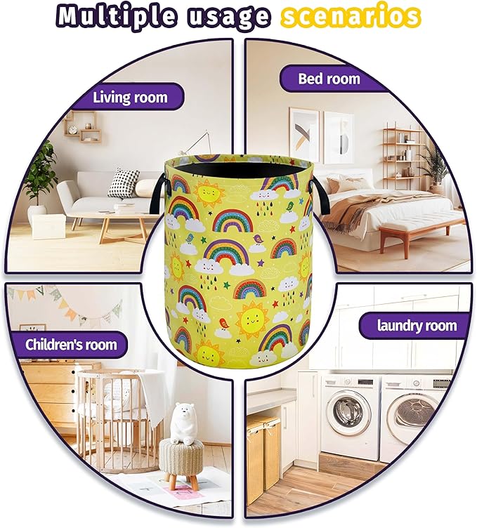 Sun Rainbow Laundry Basket Foldable Oxford Cloth With Handle Portable Children's Clothes Hamper Organizer Suitable For Laundry Room/Bedroom/Living Room/Children'S Room (18.9 Hx 16.5Dia)