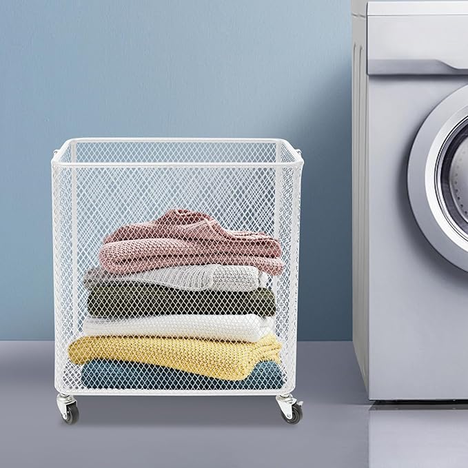 Wire Metal Rolling Laundry Basket On Wheels,Mesh Wire Laundry Basket Storage Cart for Bathroom Bedroom Dirty Clothes Storage (H)