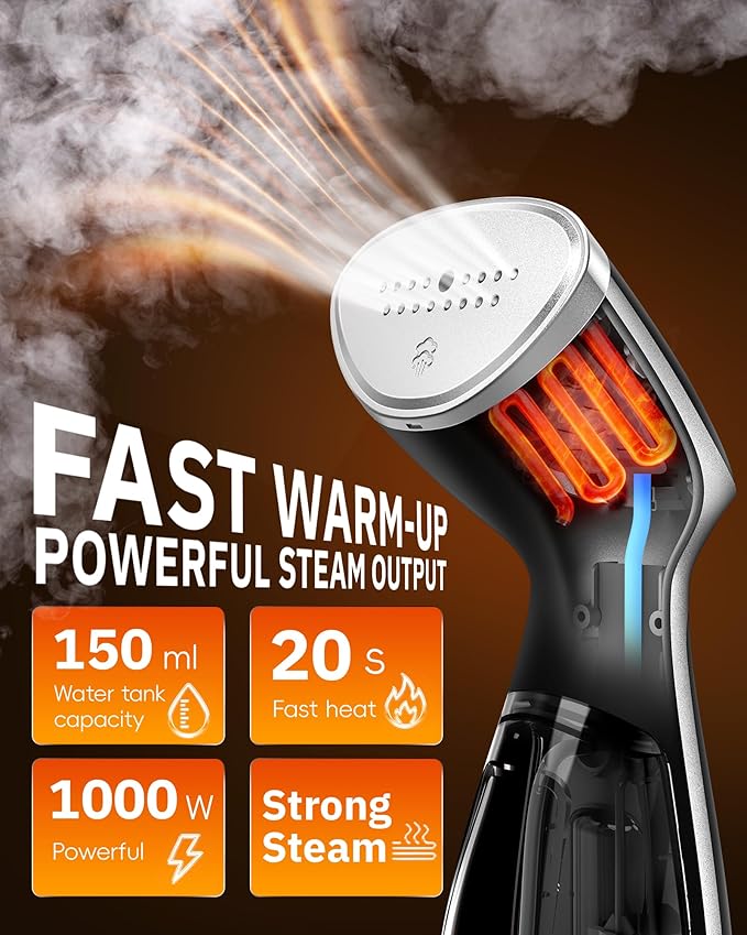 OGHom Portable Travel Handheld Steamer for Clothes, Garment Wrinkle Remover, 1000W Strong Penetrating Fabric Steamer, for Home, Office, Travel (ONLY FOR 120V) - Black