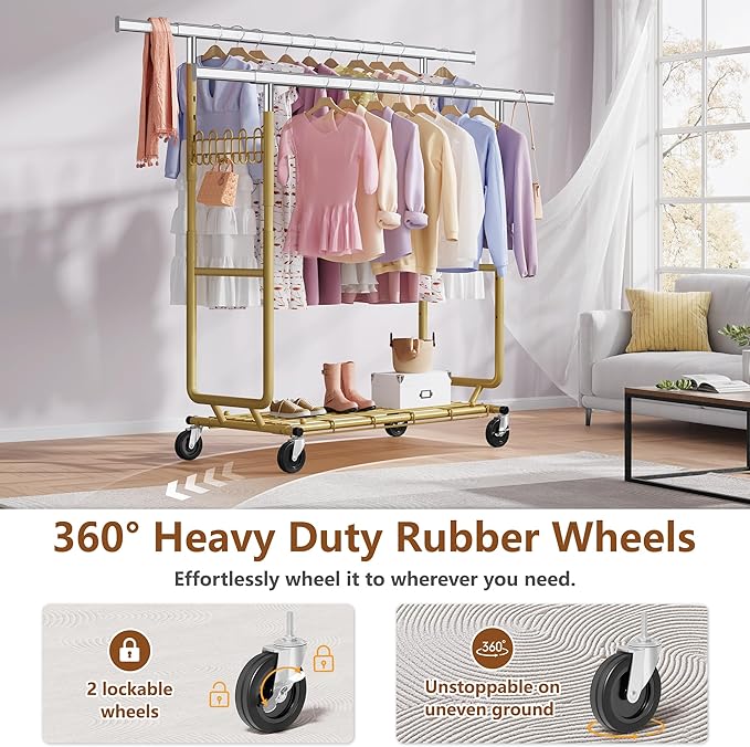 Hoctieon 2-Minute Assembly Double Rod Clothes Rack, Heavy Duty Rolling Clothing Racks with Wheels, Foldable Commercial Garment Rack, Extendable Hanging Bar, Adjustable Metal Pole with Hooks, Gold