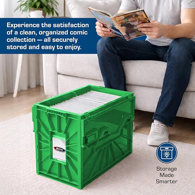 BCW Short Comic Book Bin | Holds 150 Comics | Stackable Plastic Storage | Acid-Free Organizer | Green, 2 Pack