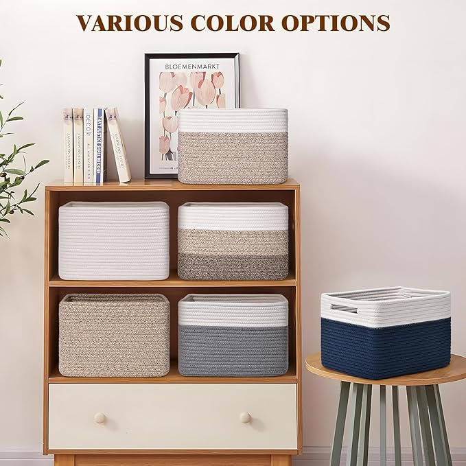 Storage Baskets for Organizing, 4 Pack Baskets for Shelves, Decorative Storage Bins for Shelves, Cotton Rope Storage Basket with Handles, Woven Basket for Storage, 13''Lx8.7''Wx7.9''H, Black