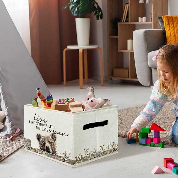 Rustic Bear Storage Bins & Boxes with Handles, Farmhouse Bear Foldable Basket for Organizing, Live Like Someone Left the Gate Open Collapsible Storage Basket for Bedroom Bathroom Clothes Toys