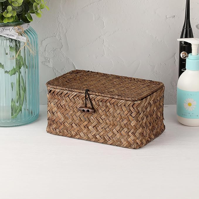 Handwoven Seagrass Basket Wicker Shelf Basket with Lid Rectangular Multipurpose Desktop Organizer Bin for Key Remote Control, Small,7.0" x 4.3" x 3.3"