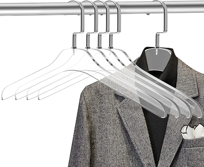 Quality Clear Acrylic Lucite Coat Suit Hangers, Stylish Clothes Hanger with Silver Hook - Coat Hanger for Dress - Closet Organizer Adult Hangers Gloss Silver Chrome - 5 Pack