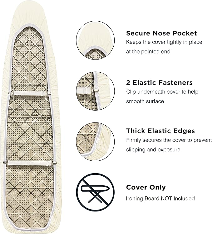 Ironing Board Cover and Pad 15"x54" Extra Thick Natural Cotton, Scorch and Stain Resistant Padding,Standard Size Iron Board Cover with Fasteners Heavy Duty Elastic Edge, Beige